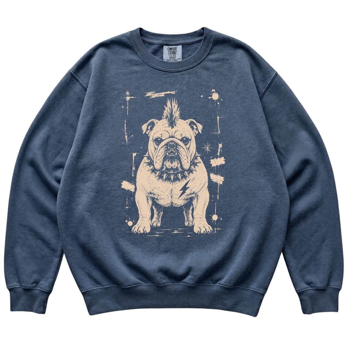 Denim Punk Rock English Bulldog Comfort Colors sweatshirt, flat view