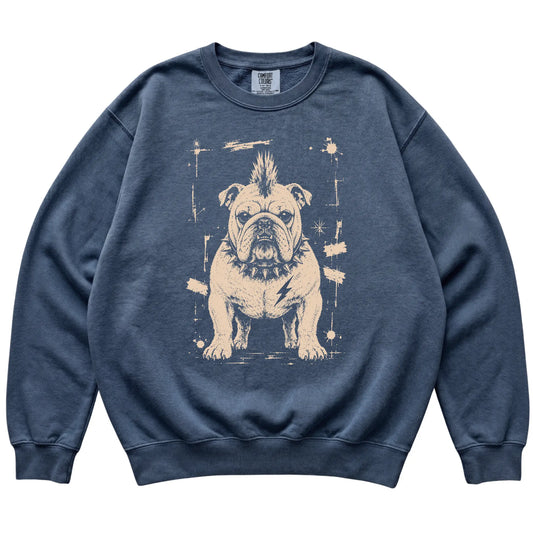 Denim Punk Rock English Bulldog Comfort Colors sweatshirt, flat view
