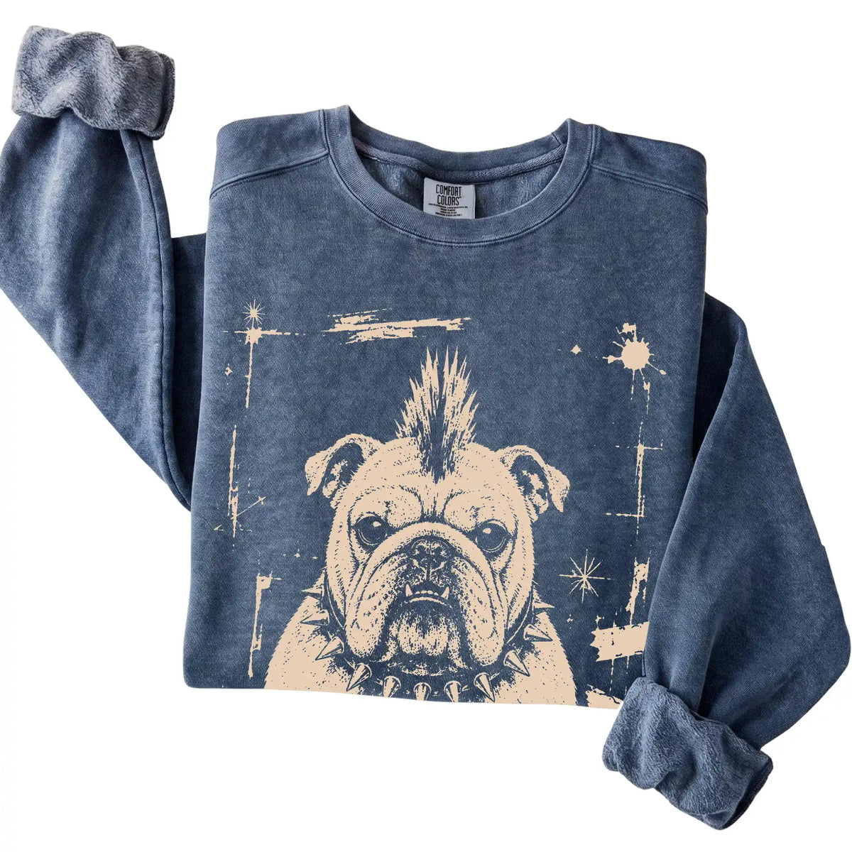 Denim Punk Rock English Bulldog Comfort Colors sweatshirt, folded view