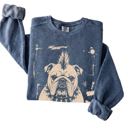 Denim Punk Rock English Bulldog Comfort Colors sweatshirt, folded view