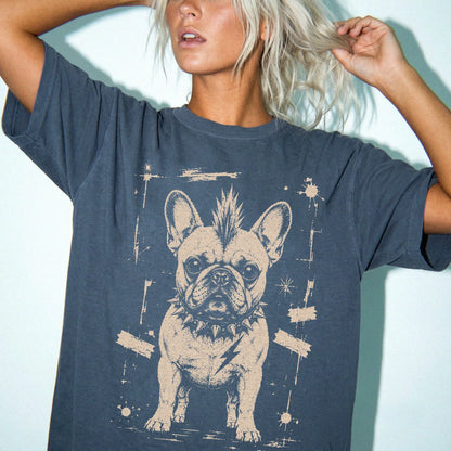 Woman wearing a Denim Punk Rock French Bulldog T-Shirt