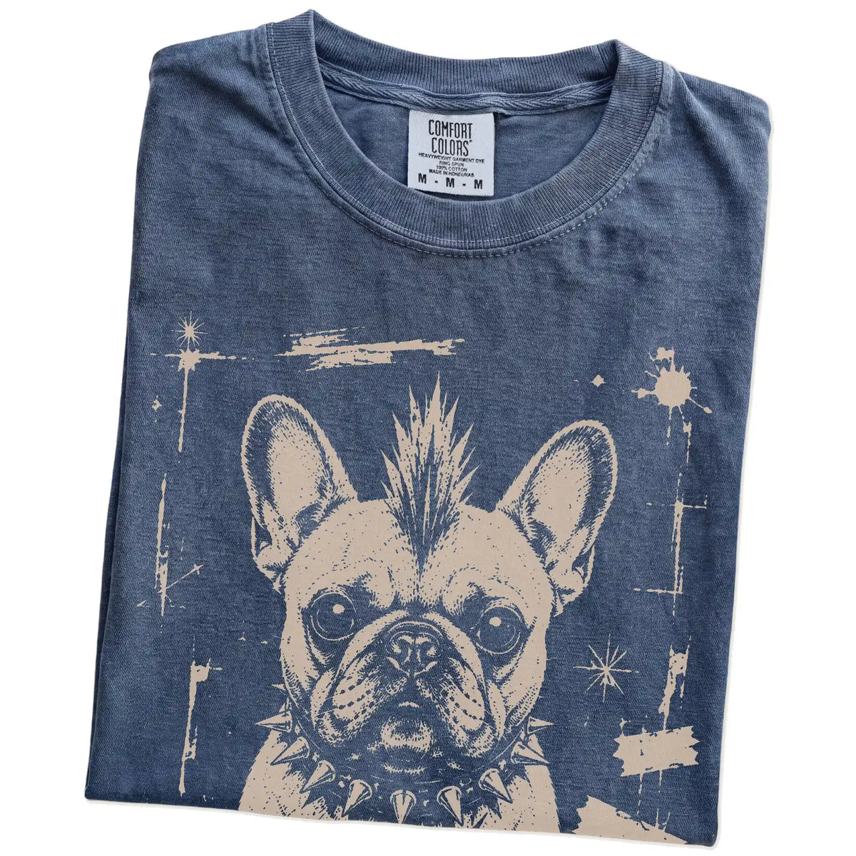 Folded Denim Punk Rock French Bulldog T-Shirt showing the graphic