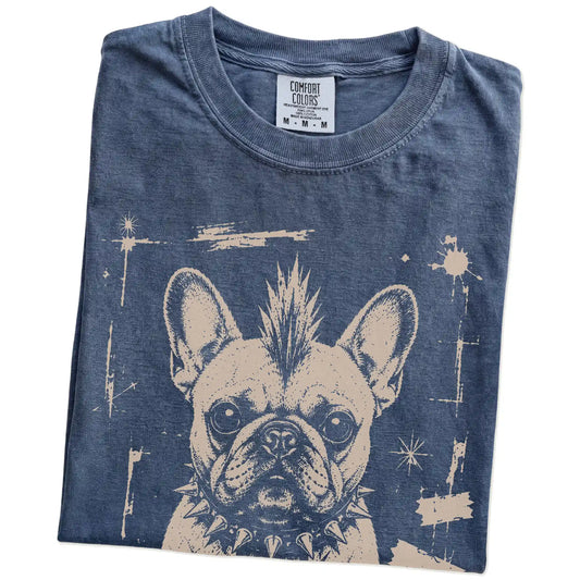 Folded Denim Punk Rock French Bulldog T-Shirt showing the graphic