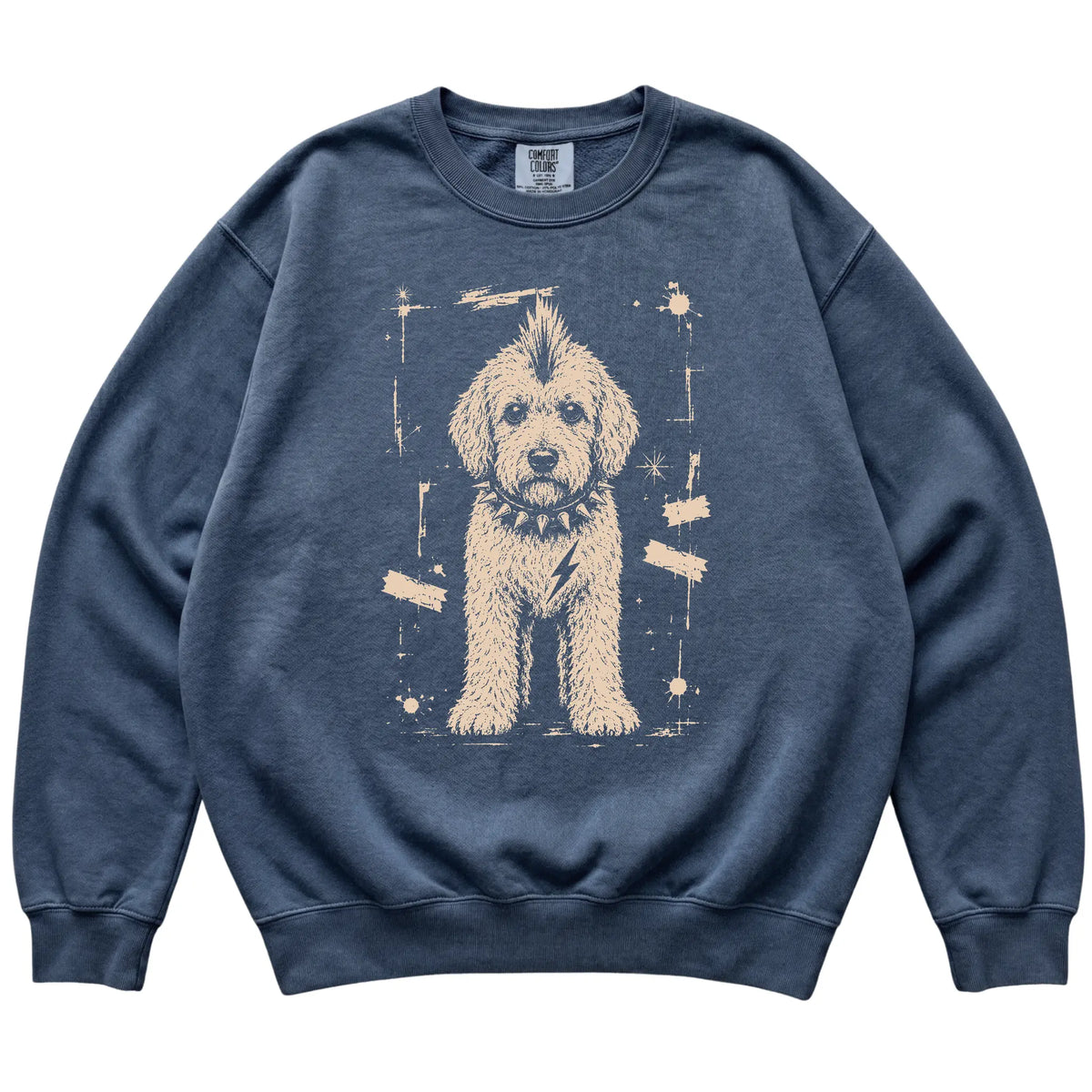 Denim Punk Rock Goldendoodle Comfort Colors sweatshirt, flat view
