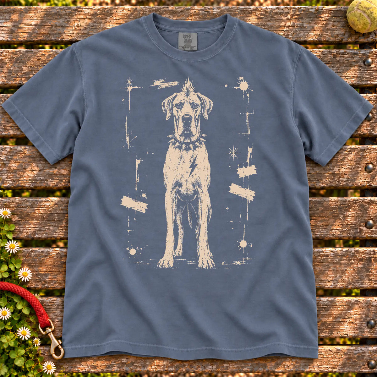 Great Dane Punk Rock design on a Denim T-shirt shown flat