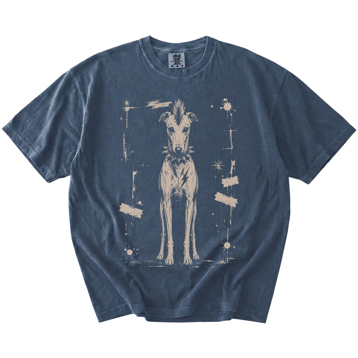 Denim Punk Rock Greyhound T-Shirt laid flat