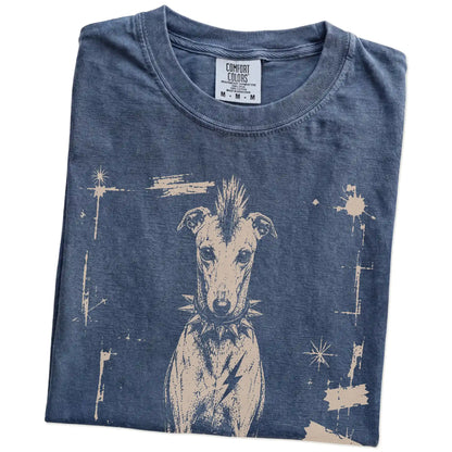 Folded Denim Punk Rock Greyhound T-Shirt showing the graphic