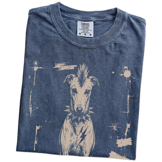 Folded Denim Punk Rock Greyhound T-Shirt showing the graphic