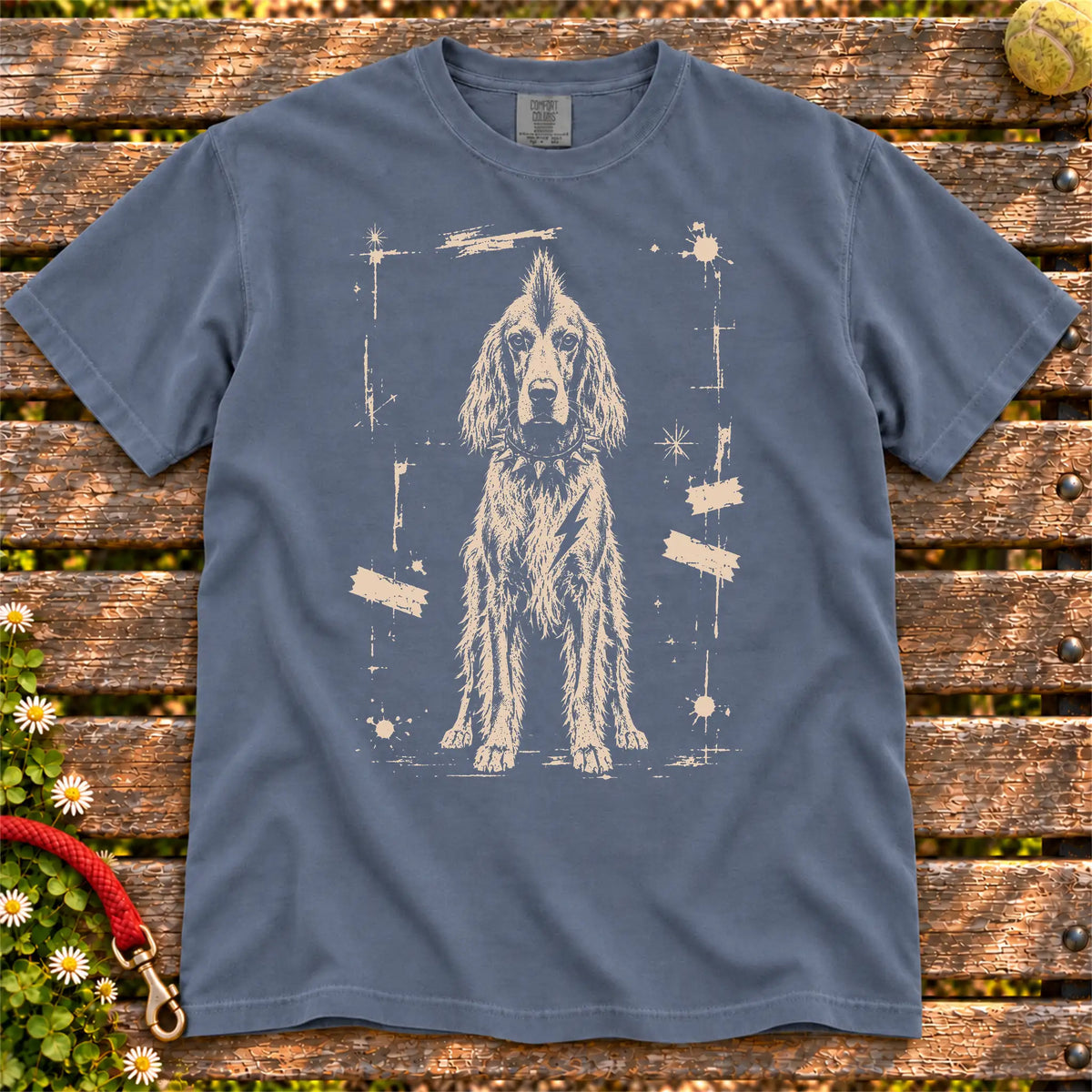 Irish Setter Punk Rock design on a Denim T-shirt shown flat