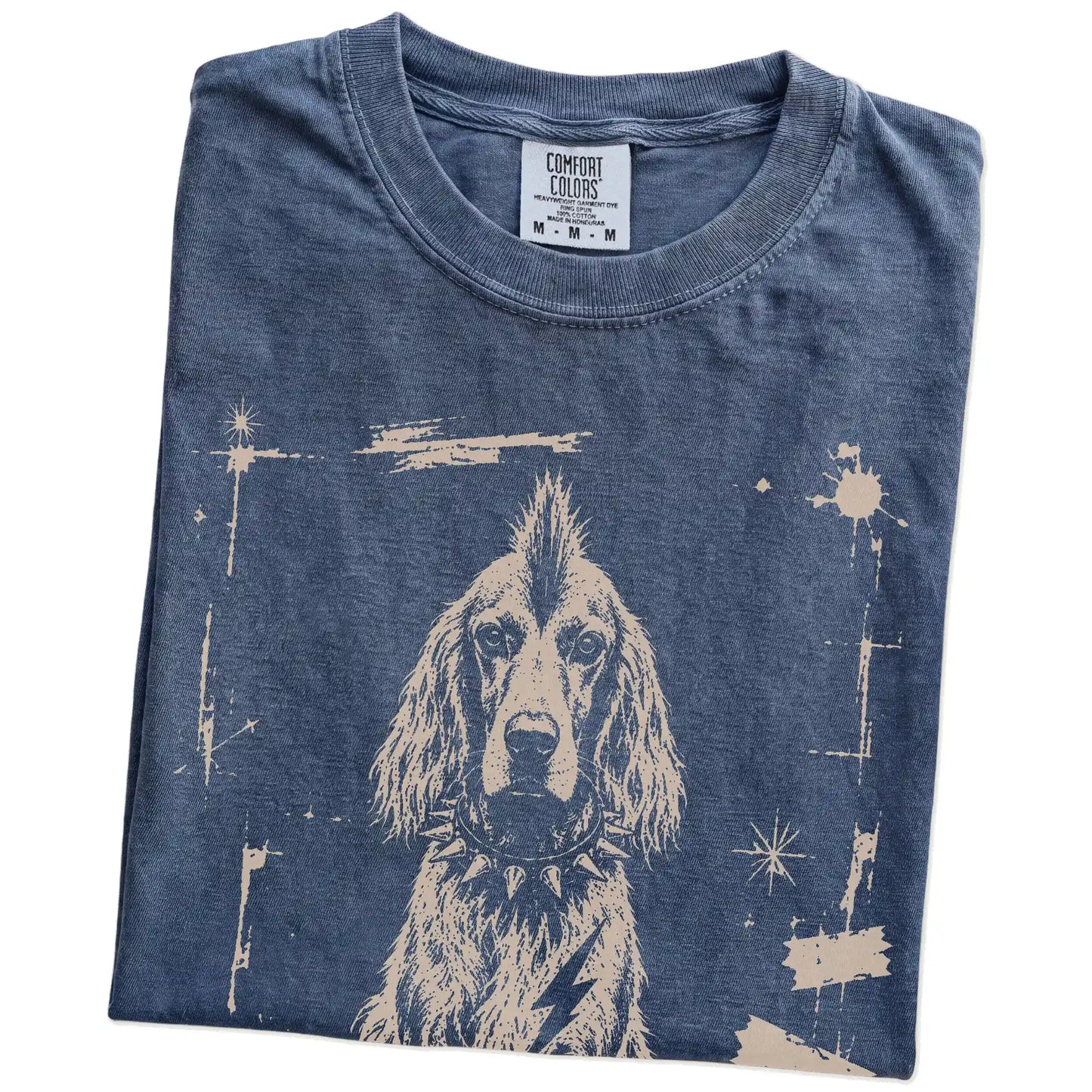 Folded Denim Punk Rock Irish Setter T-Shirt showing the graphic