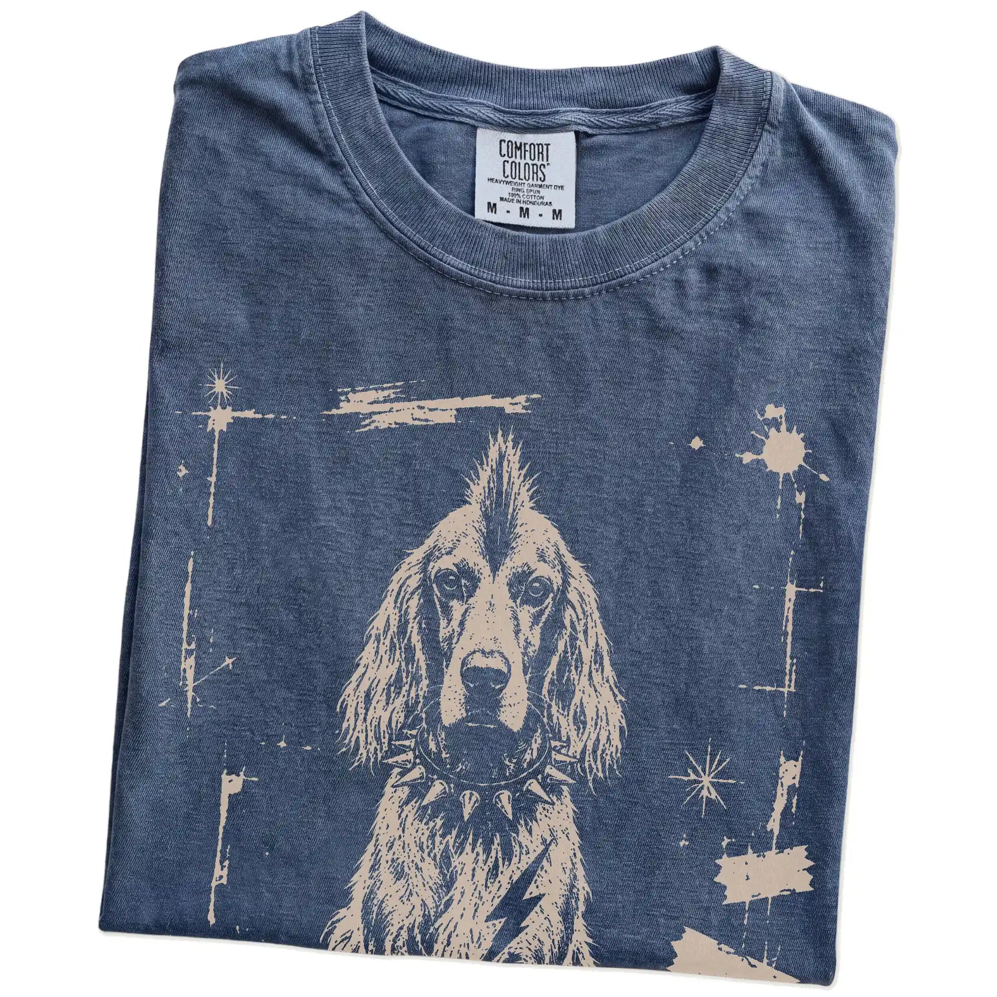 Folded Denim Punk Rock Irish Setter T-Shirt showing the graphic