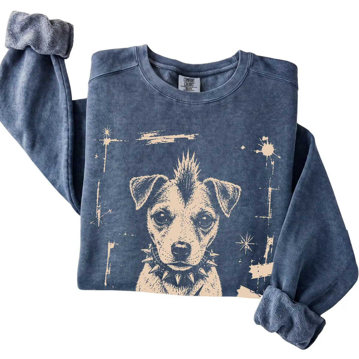 Denim Punk Rock Jack Russell Comfort Colors sweatshirt, folded view