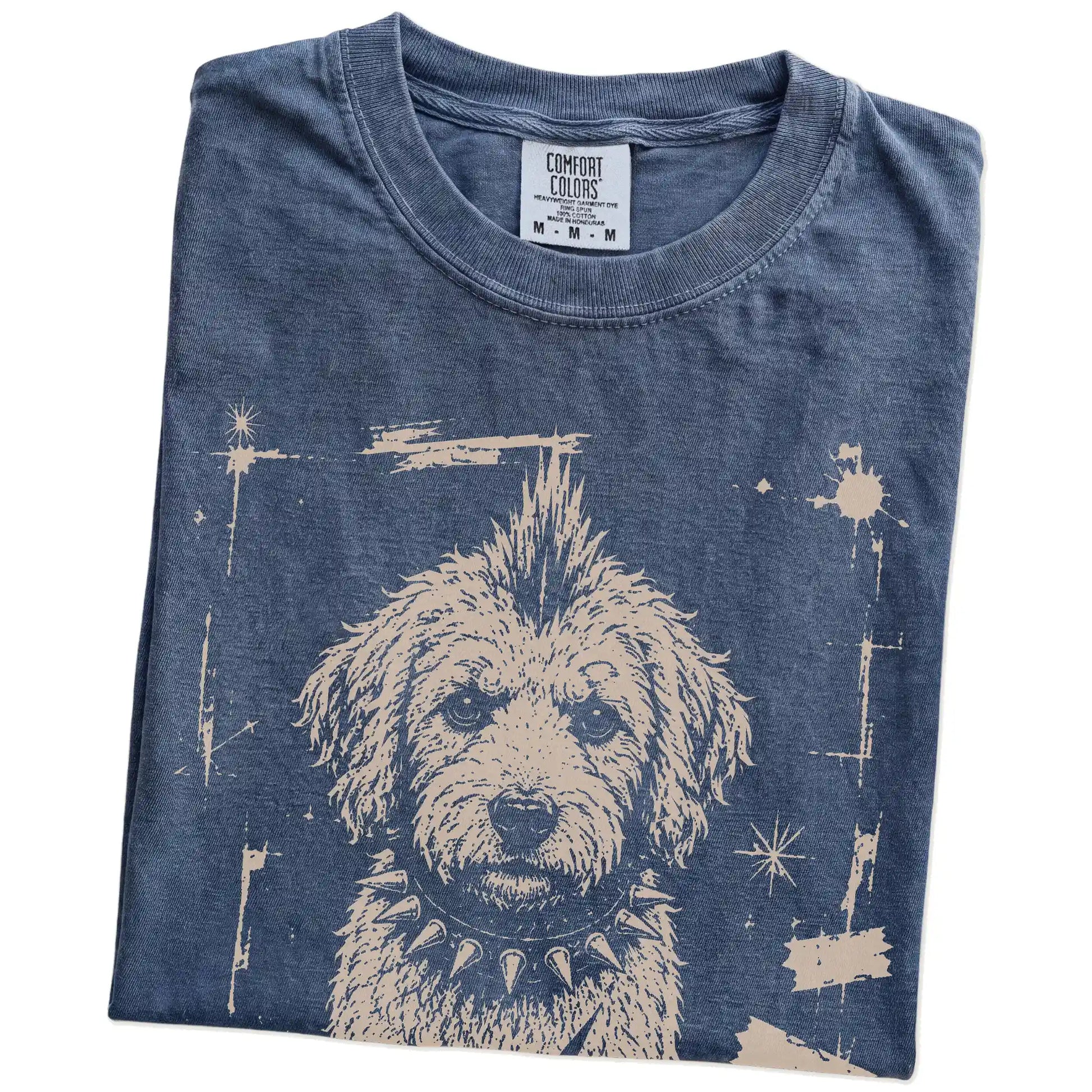 Folded Denim Punk Rock Labradoodle T-Shirt showing the graphic