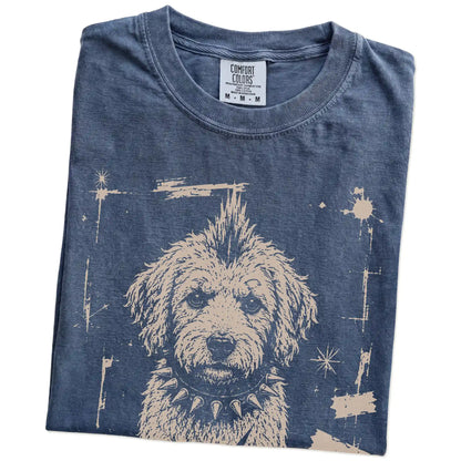 Folded Denim Punk Rock Labradoodle T-Shirt showing the graphic