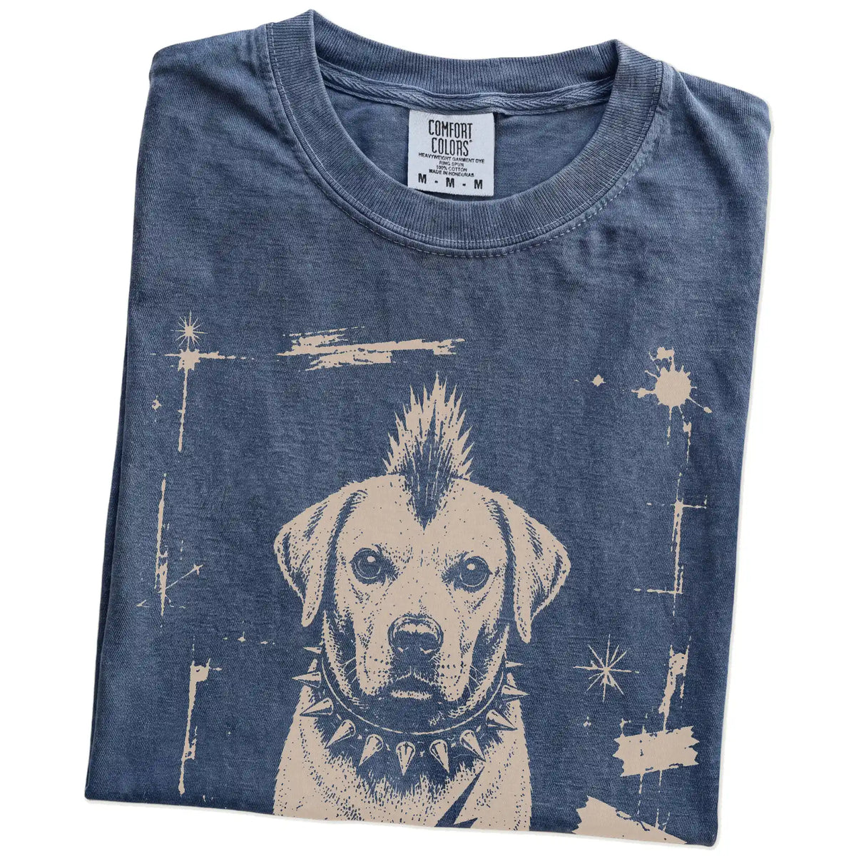 Folded Denim Punk Rock Labrador Retriever T-Shirt showing the graphic