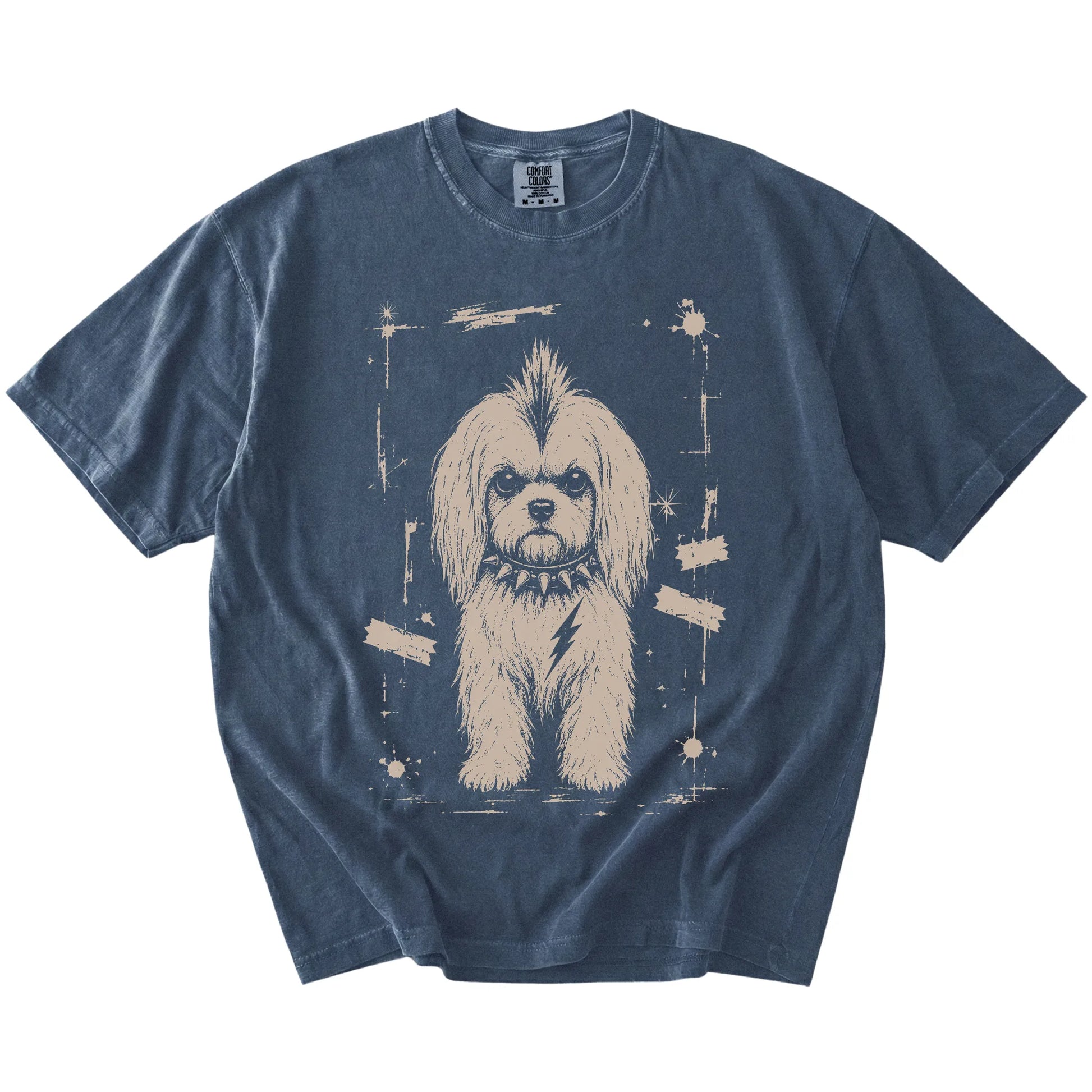 Denim Punk Rock Maltese T-Shirt laid flat