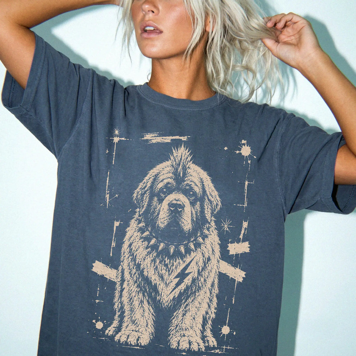 Woman wearing a Denim Punk Rock Newfie T-Shirt