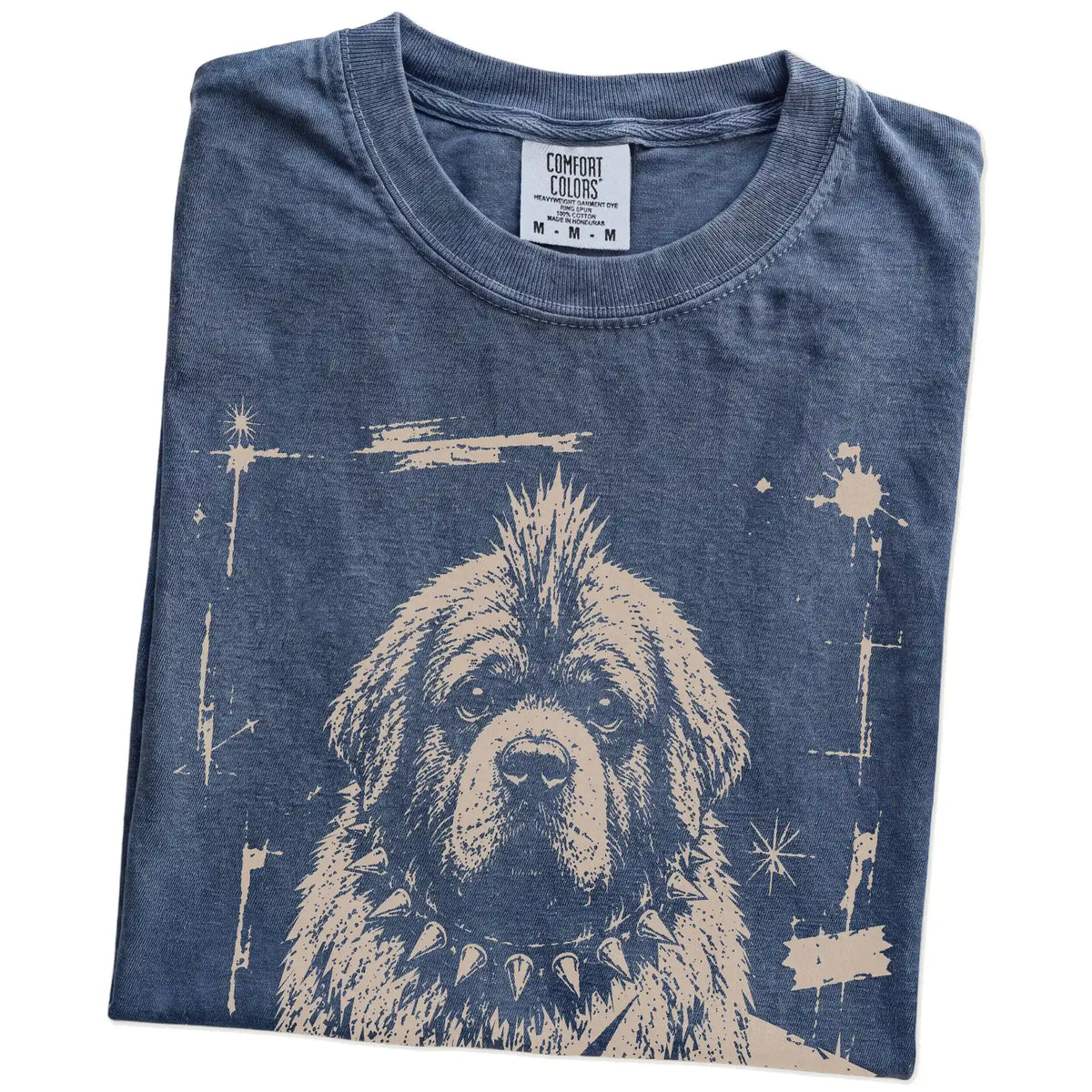 Folded Denim Punk Rock Newfie T-Shirt showing the graphic