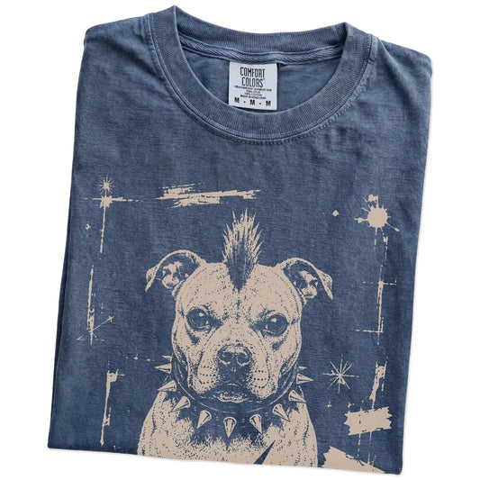 Folded Denim Punk Rock Pitbull T-Shirt showing the graphic