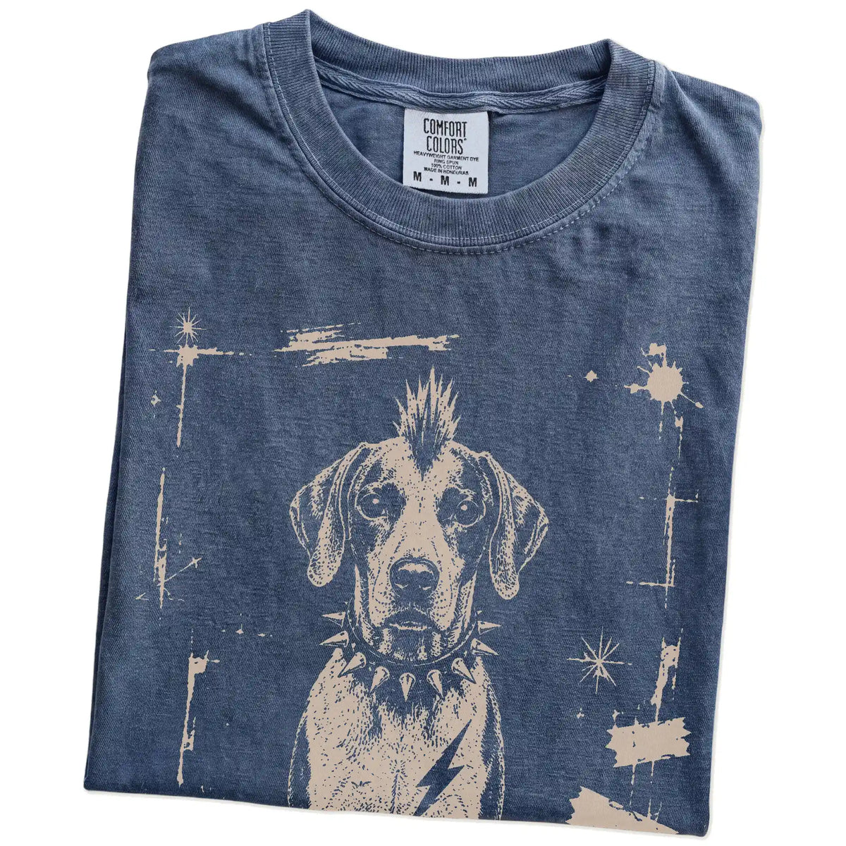 Folded Denim Punk Rock Pointer T-Shirt showing the graphic