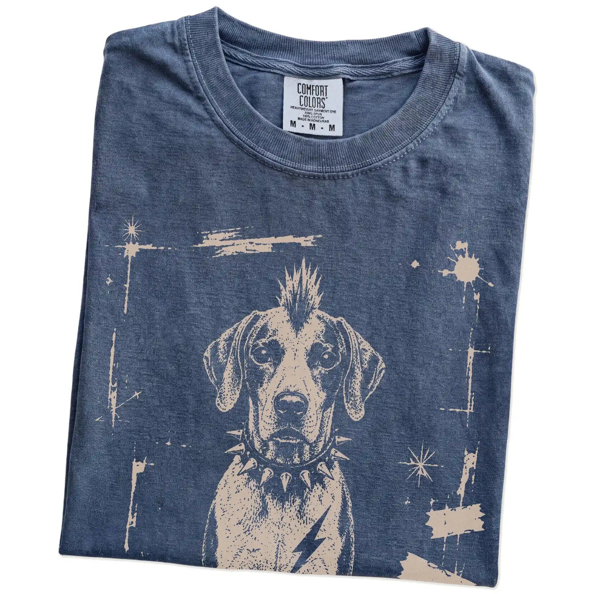 Folded Denim Punk Rock Pointer T-Shirt showing the graphic