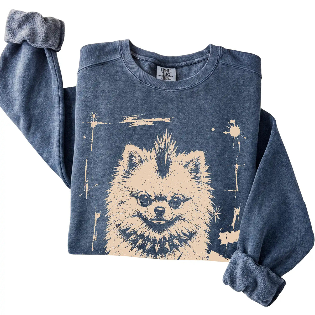 Denim Punk Rock Pomeranian Comfort Colors sweatshirt, folded view
