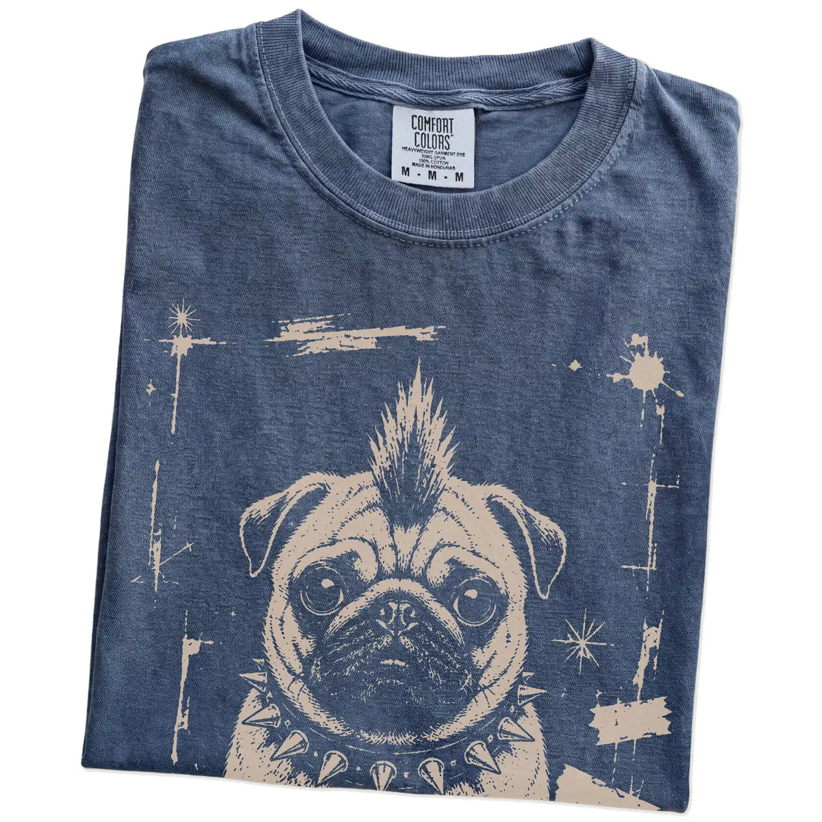 Folded Denim Punk Rock Pug T-Shirt showing the graphic