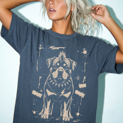 Woman wearing a Denim Punk Rock Rottweiler T-Shirt