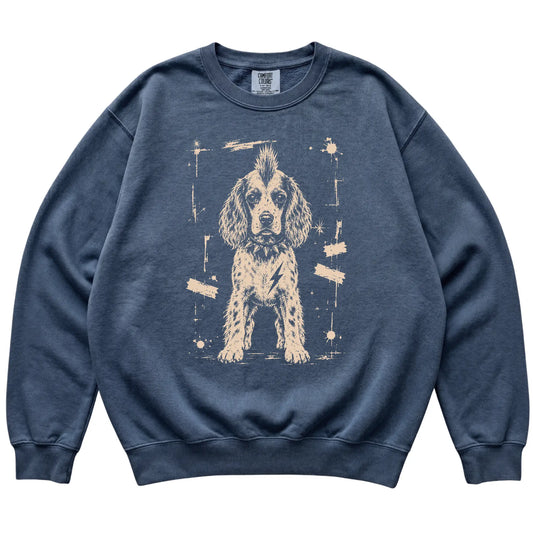 Denim Punk Rock Springer Spaniel Comfort Colors sweatshirt, flat view
