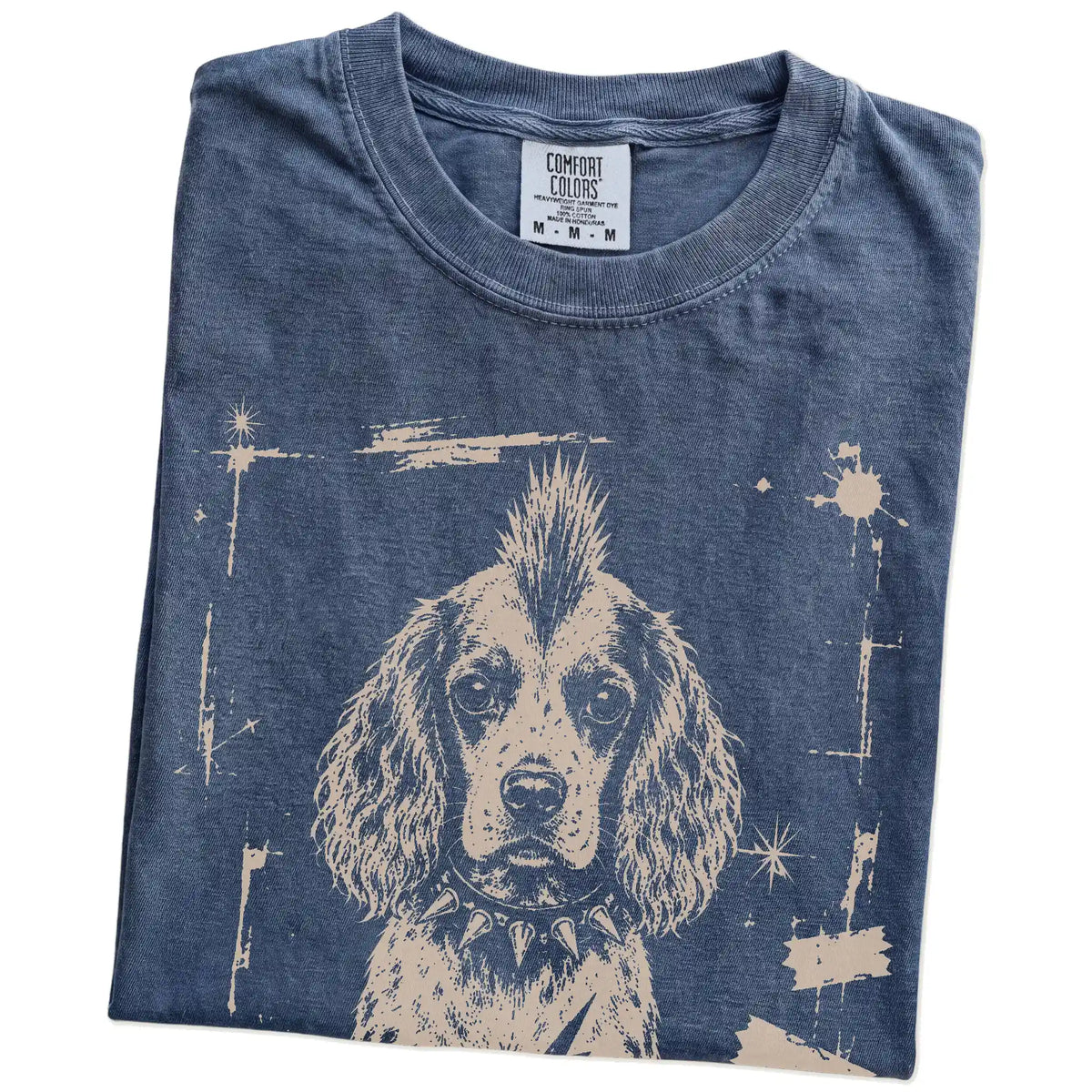 Folded Denim Punk Rock Springer Spaniel T-Shirt showing the graphic