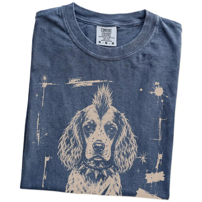 Folded Denim Punk Rock Springer Spaniel T-Shirt showing the graphic