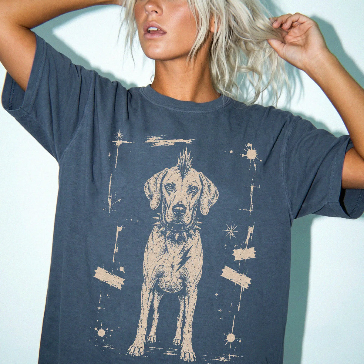 Woman wearing a Denim Punk Rock Vizsla T-Shirt