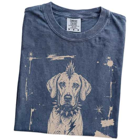 Folded Denim Punk Rock Vizsla T-Shirt showing the graphic