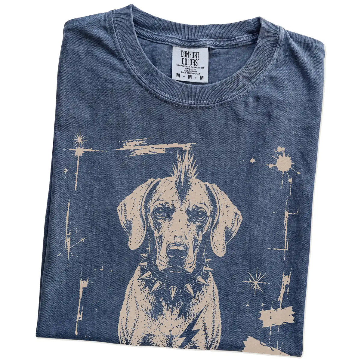 Folded Denim Punk Rock Weimaraner T-Shirt showing the graphic