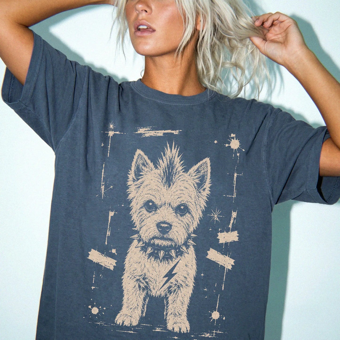 Woman wearing a Denim Punk Rock Westie T-Shirt
