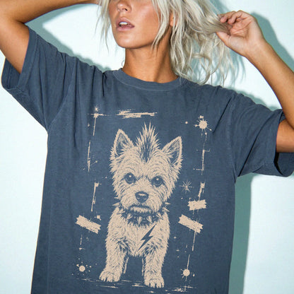 Woman wearing a Denim Punk Rock Westie T-Shirt