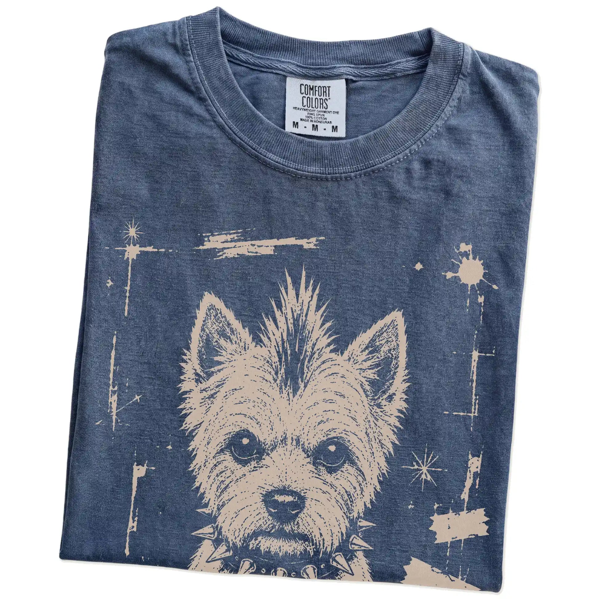 Folded Denim Punk Rock Westie T-Shirt showing the graphic