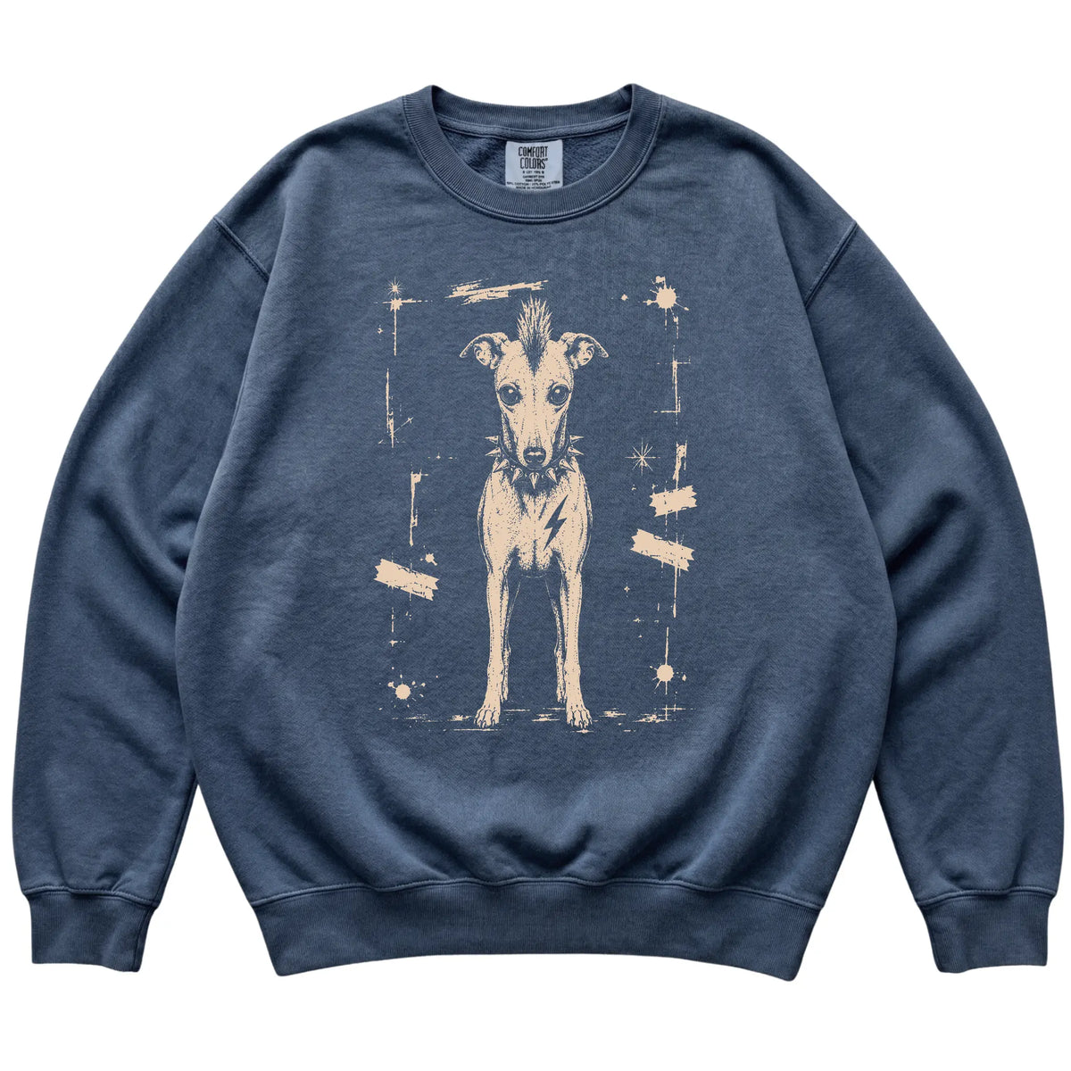 Denim Punk Rock Whippet Comfort Colors sweatshirt, flat view