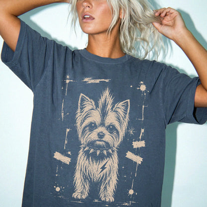 Woman wearing a Denim Punk Rock Yorkie T-Shirt