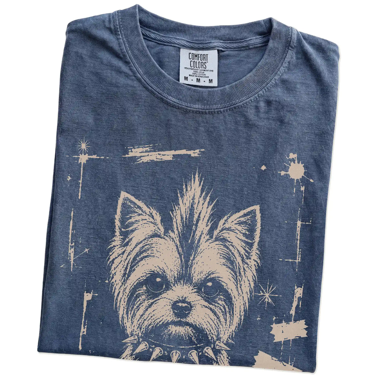 Folded Denim Punk Rock Yorkie T-Shirt showing the graphic