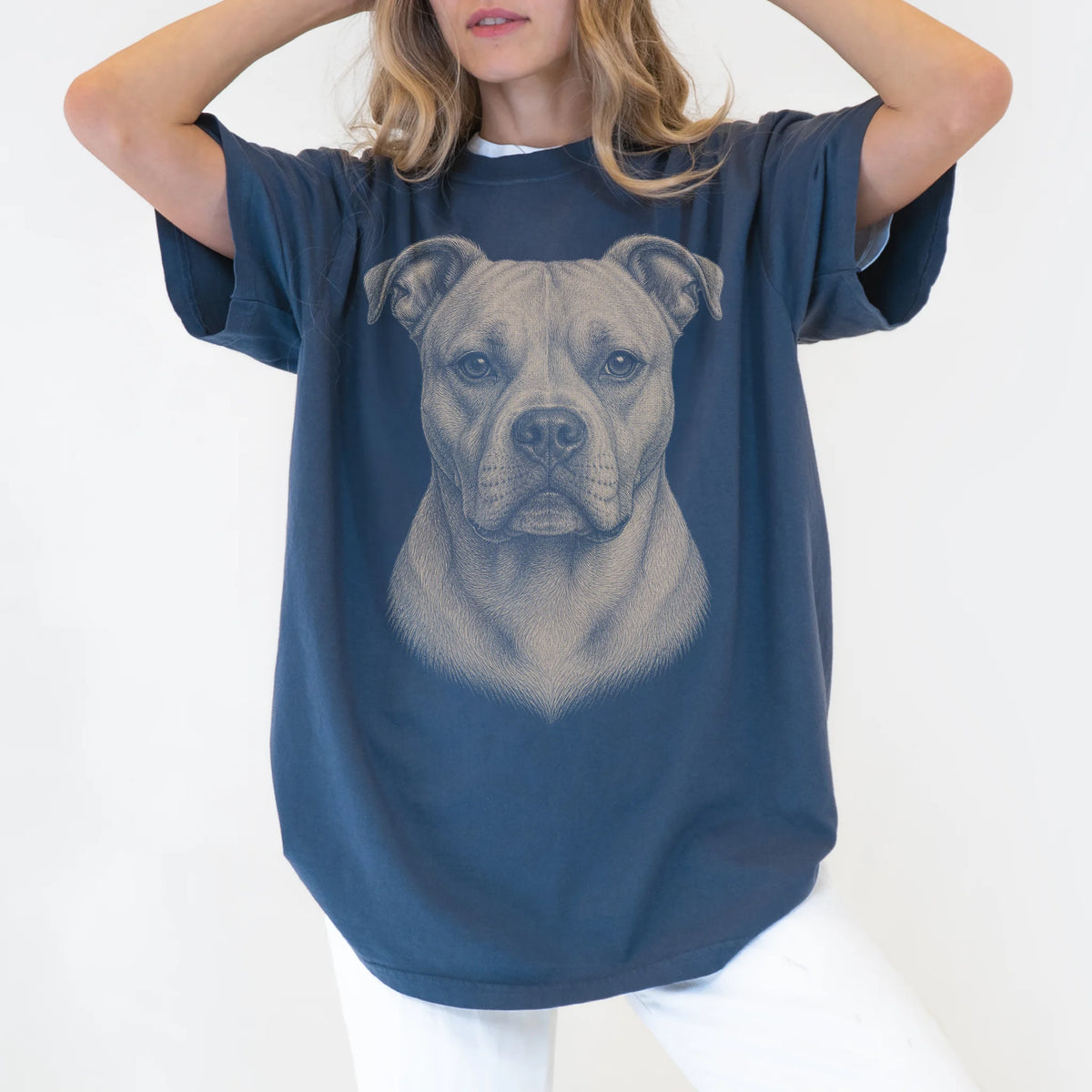 Model wearing a Denim Comfort Colors® T-shirt with a realistic drawing of a American Bulldog
