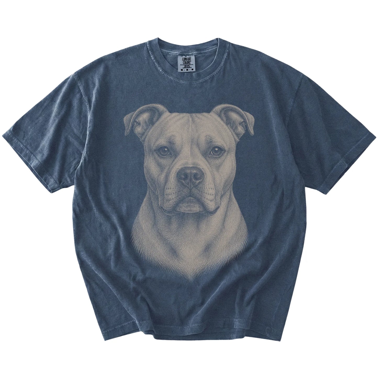 A realistic drawing of a American Bulldog on a Denim Comfort Colors® T-shirt