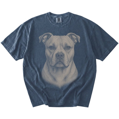 A realistic drawing of a American Bulldog on a Denim Comfort Colors® T-shirt