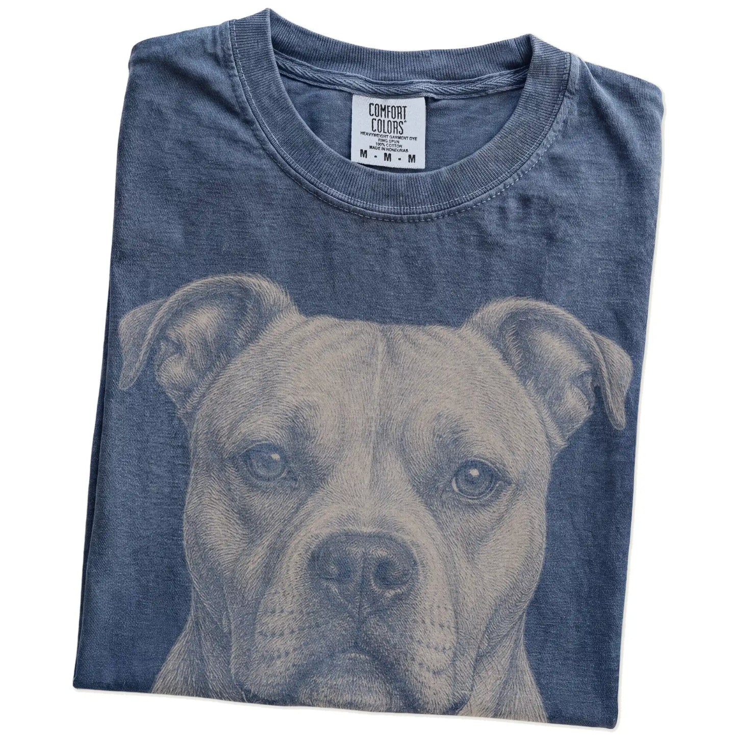 Folded Denim Comfort Colors® T-shirt showing a realistic drawing of a American Bulldog