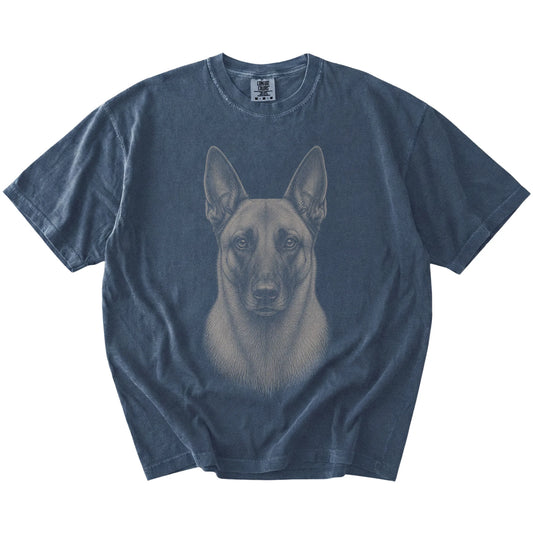 A realistic drawing of a Belgian Malinois on a Denim Comfort Colors® T-shirt