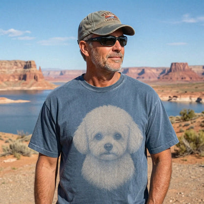 Model wearing a Denim Comfort Colors® T-shirt with a realistic drawing of a Bichon Frise