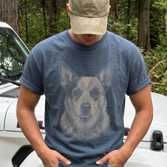 Model wearing a Denim Comfort Colors® T-shirt with a realistic drawing of a Blue Heeler