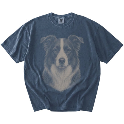 A realistic drawing of a Border Collie on a Denim Comfort Colors® T-shirt