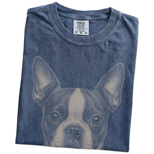 Folded Denim Comfort Colors® T-shirt showing a realistic drawing of a Boston Terrier