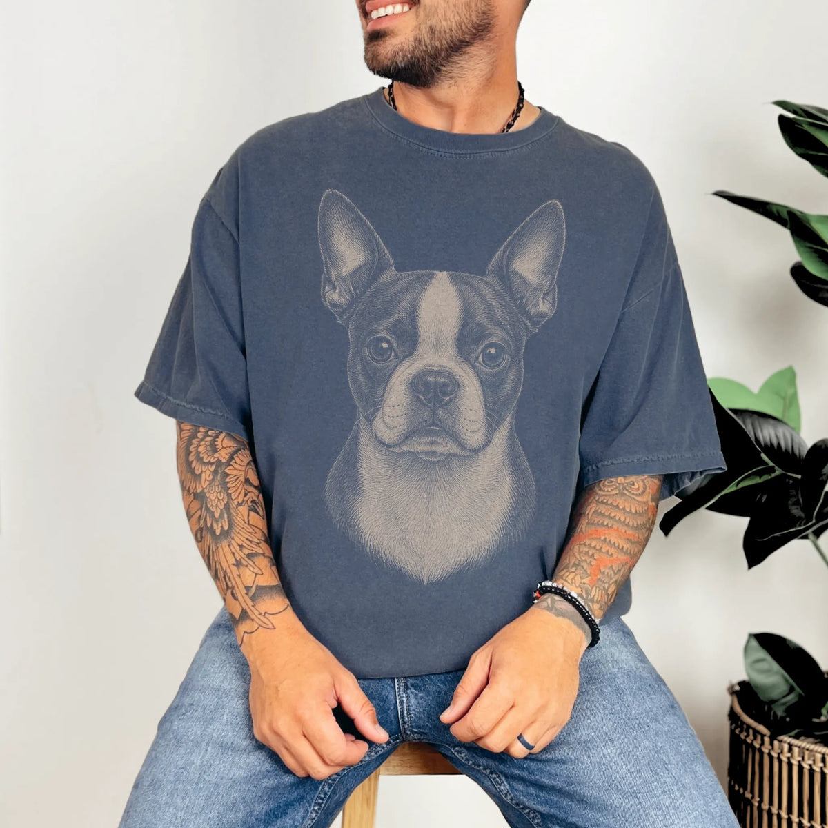 Model wearing a Denim Comfort Colors® T-shirt with a realistic drawing of a Boston Terrier